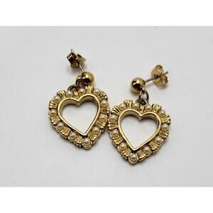 Avon Heart Dangle Earrings Faux Pearl Gold Tone Open Heart Signed